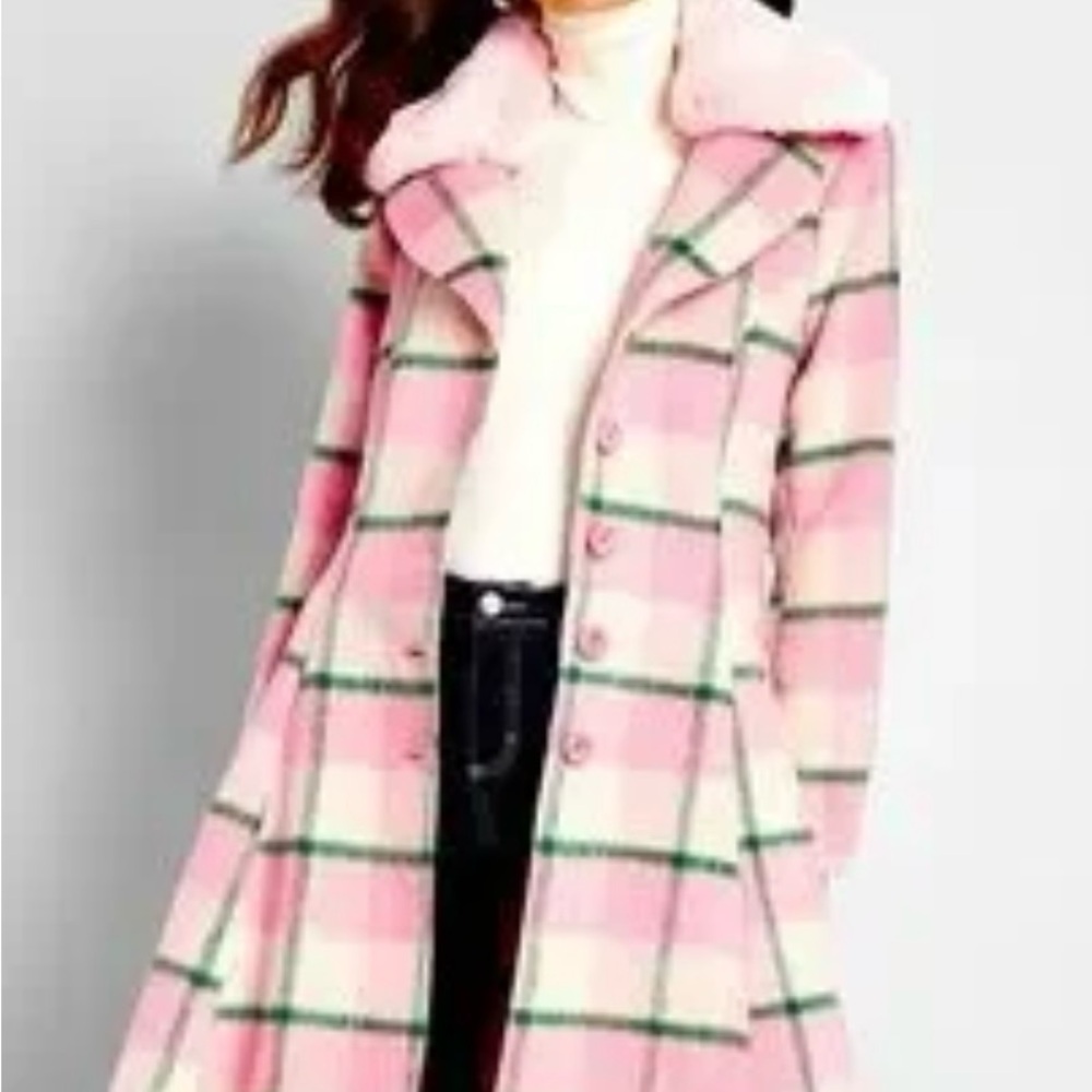 Hell Bunny Millicent Pink and Green Plaid pea coat with fur collar - Sz L
